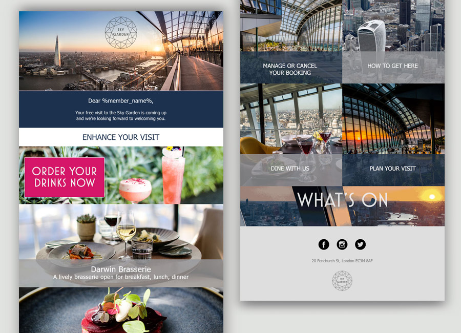 Email design for Sky Garden guest reminder communication